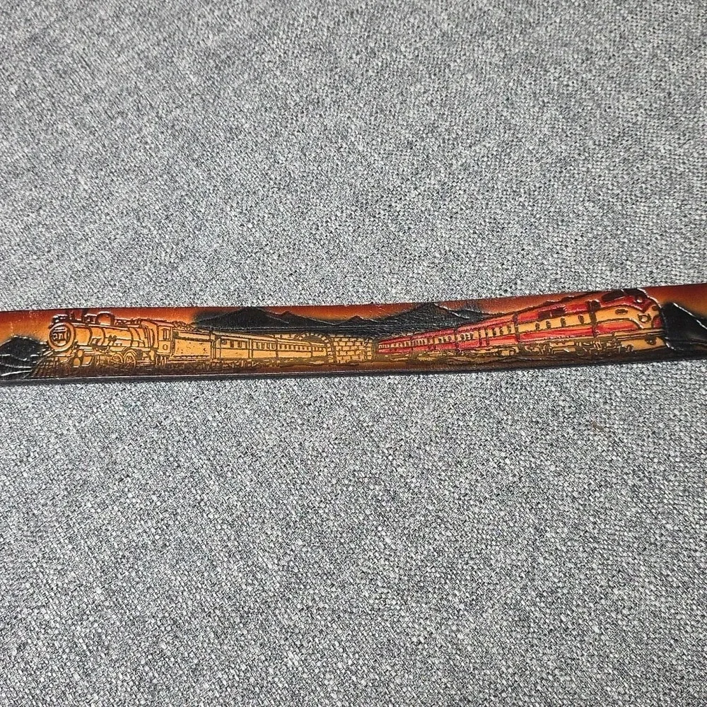 Vtg Train Western Tooled Leather Belt Mountain Buckle Steam Engines Tunnels